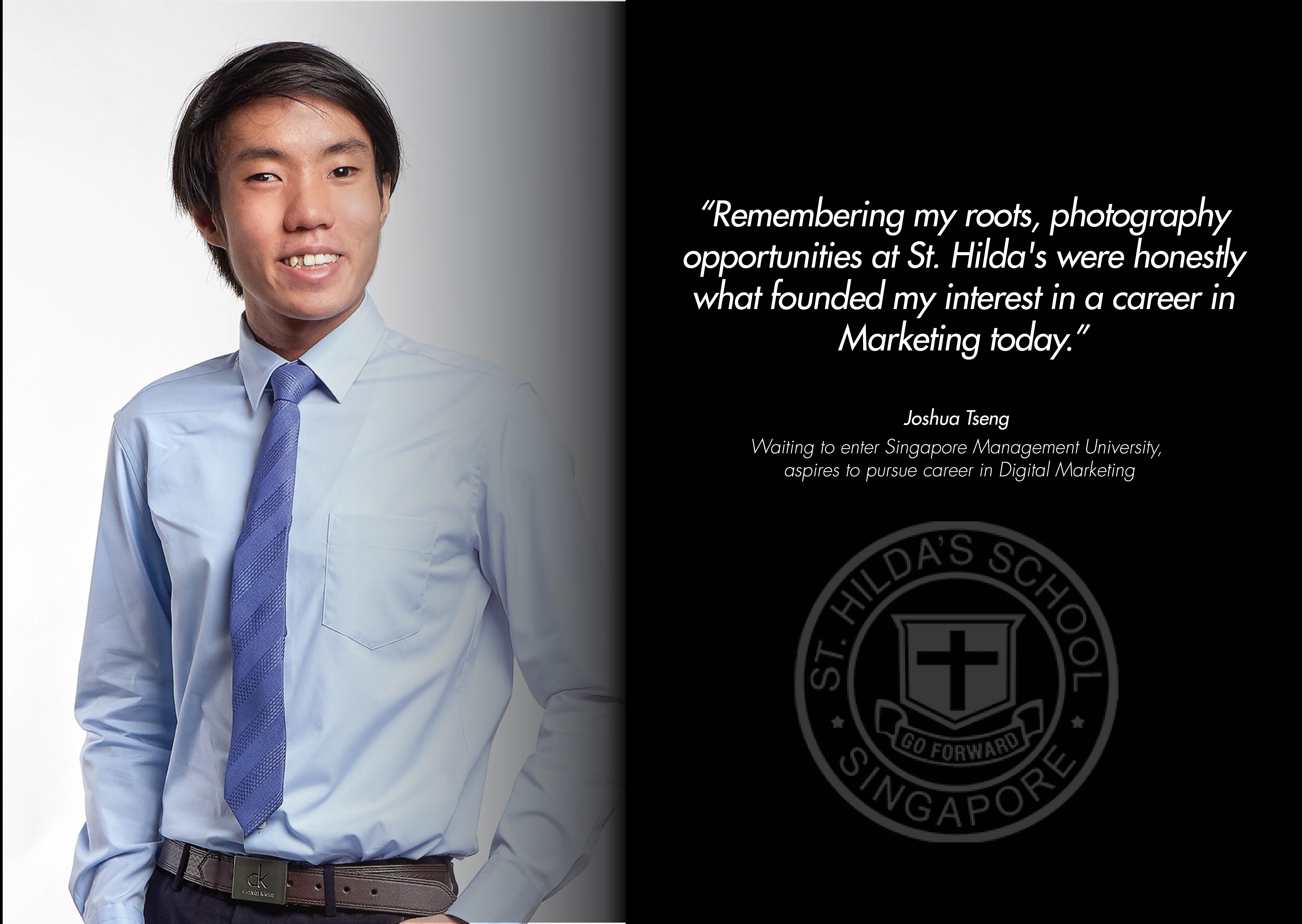 Young man in a blue shirt and tie smiling, beside a quote by Joshua Tseng and St. Hilda's School Singapore crest.
